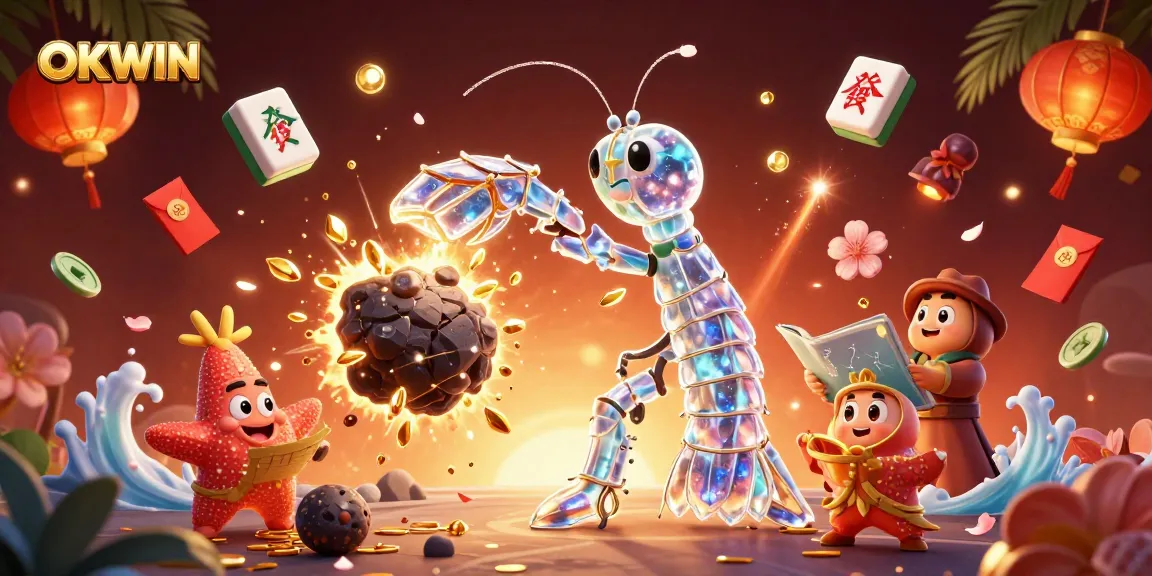 Experience thrilling gameplay with OKWIN, where the mantis shrimp heroically battles for gems and coins.