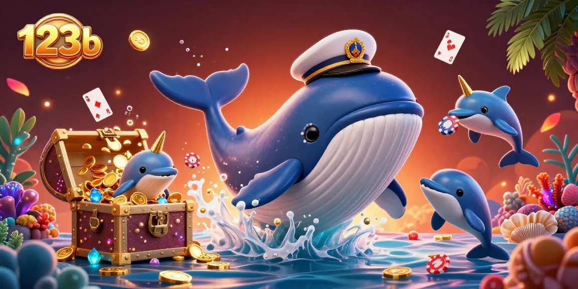 Engage with the vibrant 123b casino world, showcasing a whale captain and playful dolphins amidst treasure!