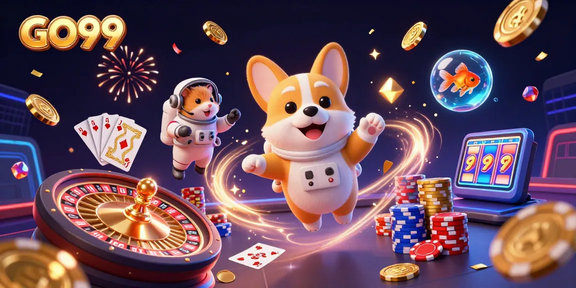 GO99 features a floating corgi with casino elements in a vibrant 3D space setting, showcasing exciting gameplay.