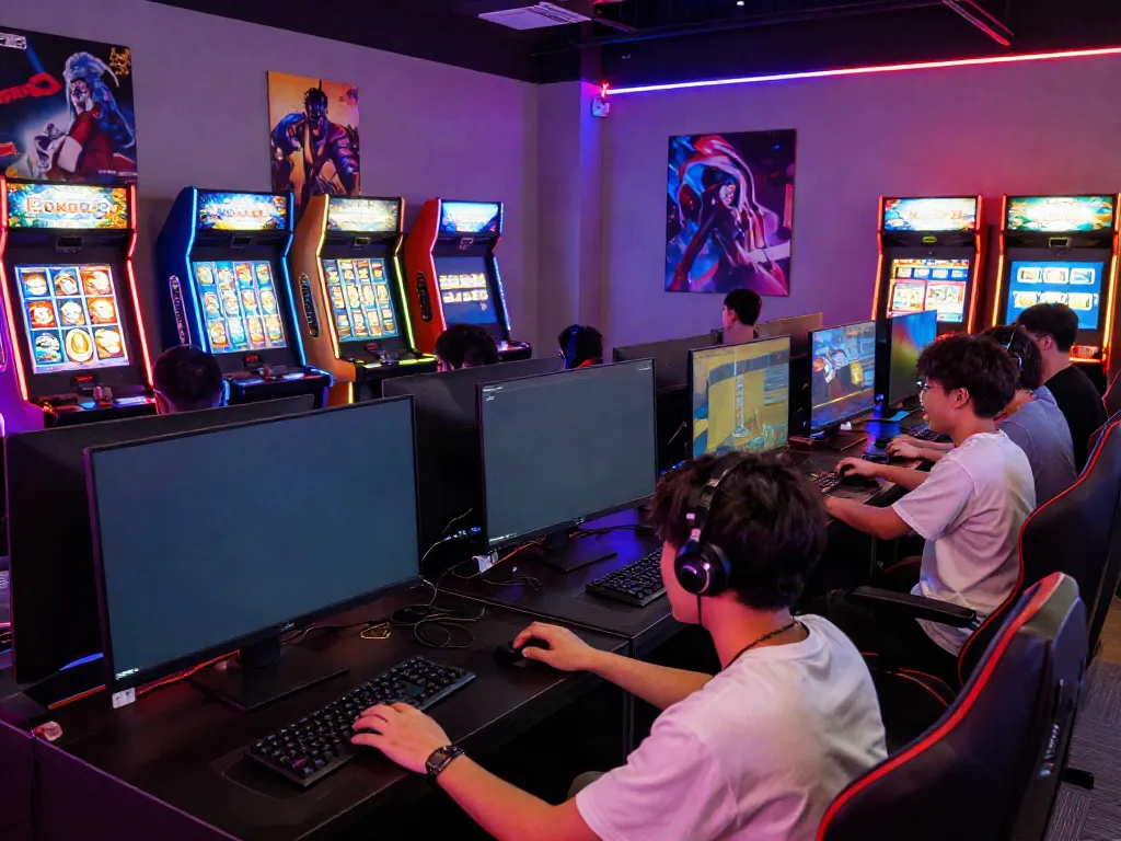 Players enjoying diverse games at ROKOK88's vibrant gaming lounge, showcasing the excitement of modern gaming experiences.