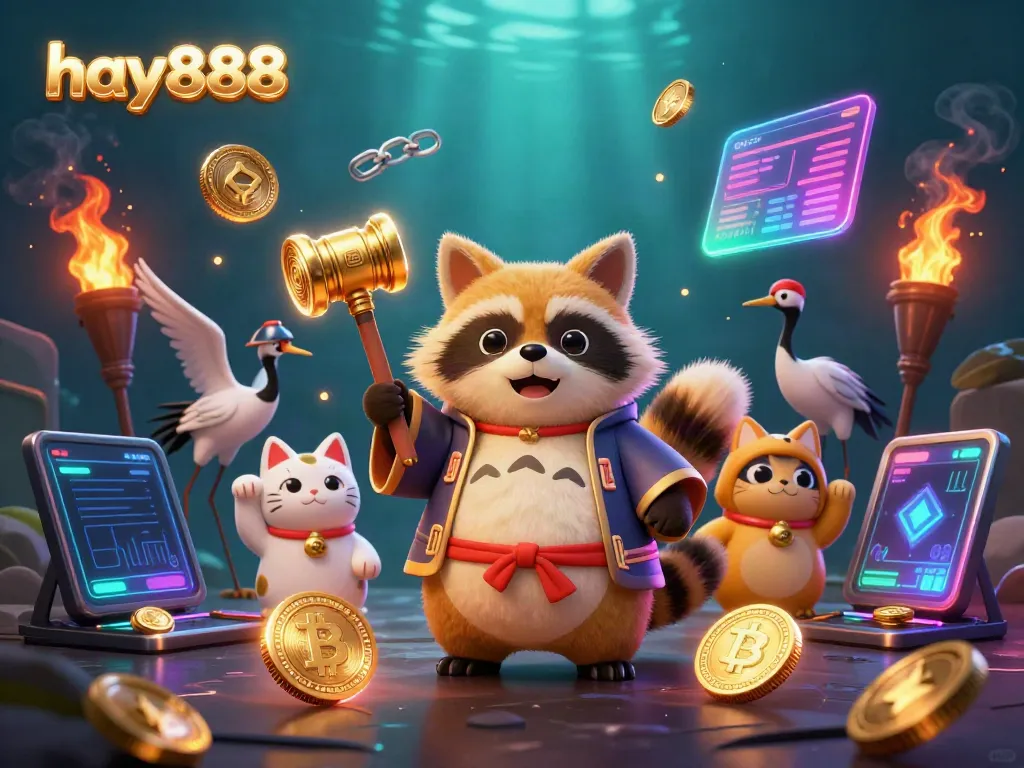 Engage with hay888's exciting gaming scene featuring a tanuki and lucky charms in a vibrant, casino atmosphere.