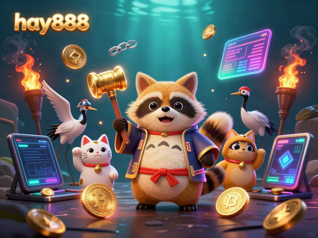 Engage with hay888's exciting gaming scene featuring a tanuki and lucky charms in a vibrant, casino atmosphere.