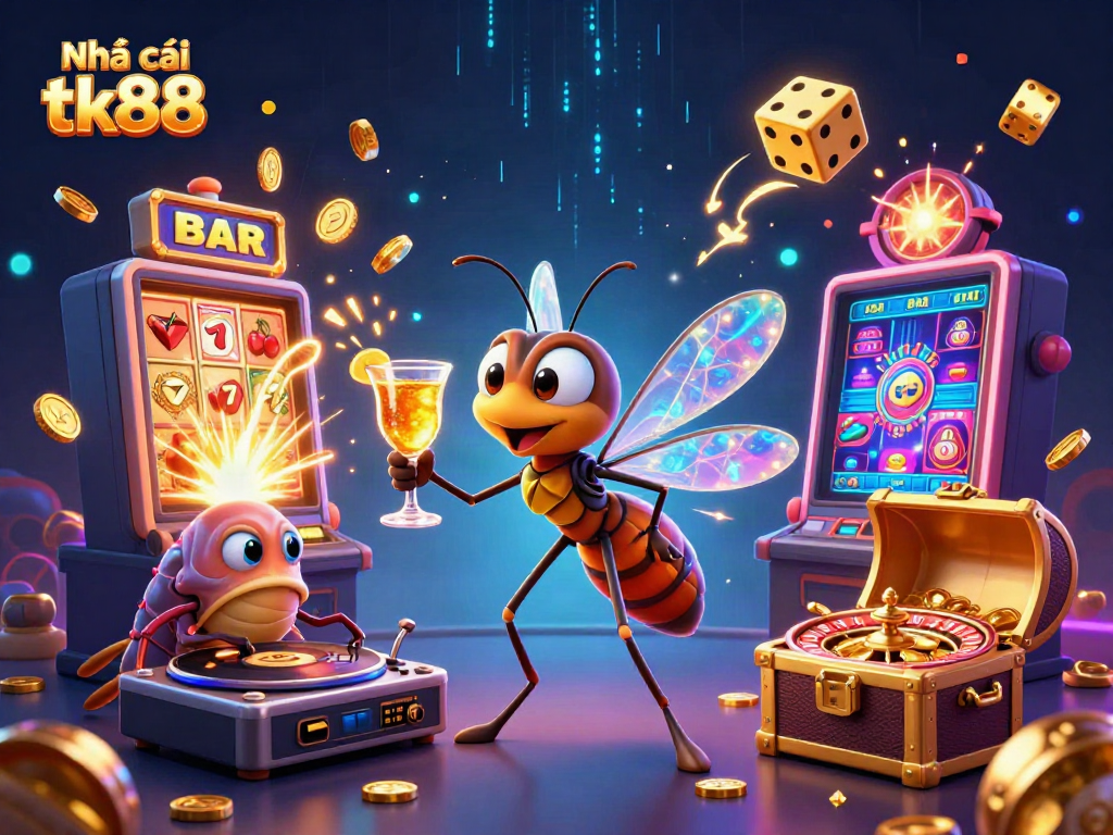 Experience an animated scene of Nhà cái tk88's mascot and symbols of fortune in a lively casino setting.