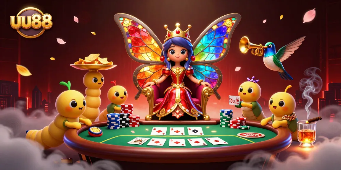 Engage with uu88's vibrant casino scene featuring a butterfly queen amidst vibrant poker chips and cards.