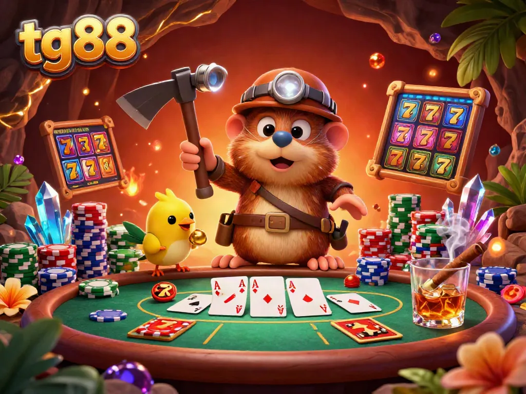 Experience the thrill of tg88 with a scene of a treasure hunter mole amid golden gems and dynamic casino elements.