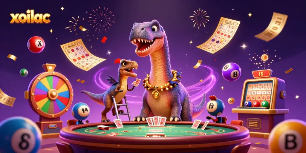 Experience vibrant excitement in the xoilac casino universe with a dynamic illustration of a brontosaurus above a lively poker game.