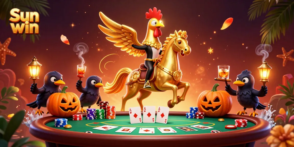 Experience Sun win with the golden rooster riding a spectral horse at the casino.