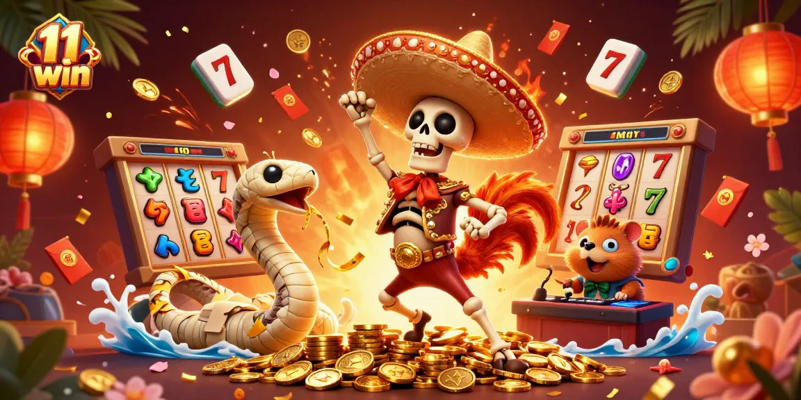 Experience the thrill of 11 win in a vibrant 3D casino scene filled with dynamic slots and festive elements.