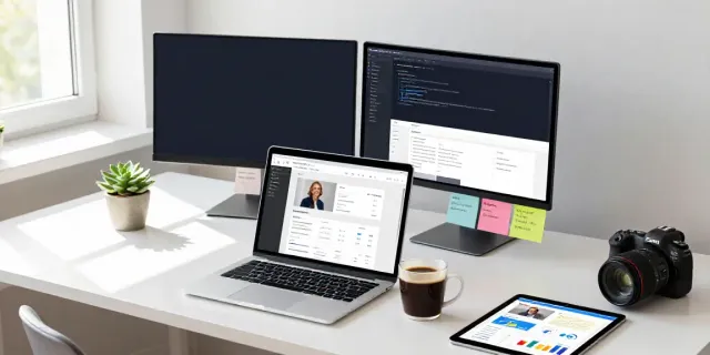Domena website design in a modern workspace with dual monitors and coding software.