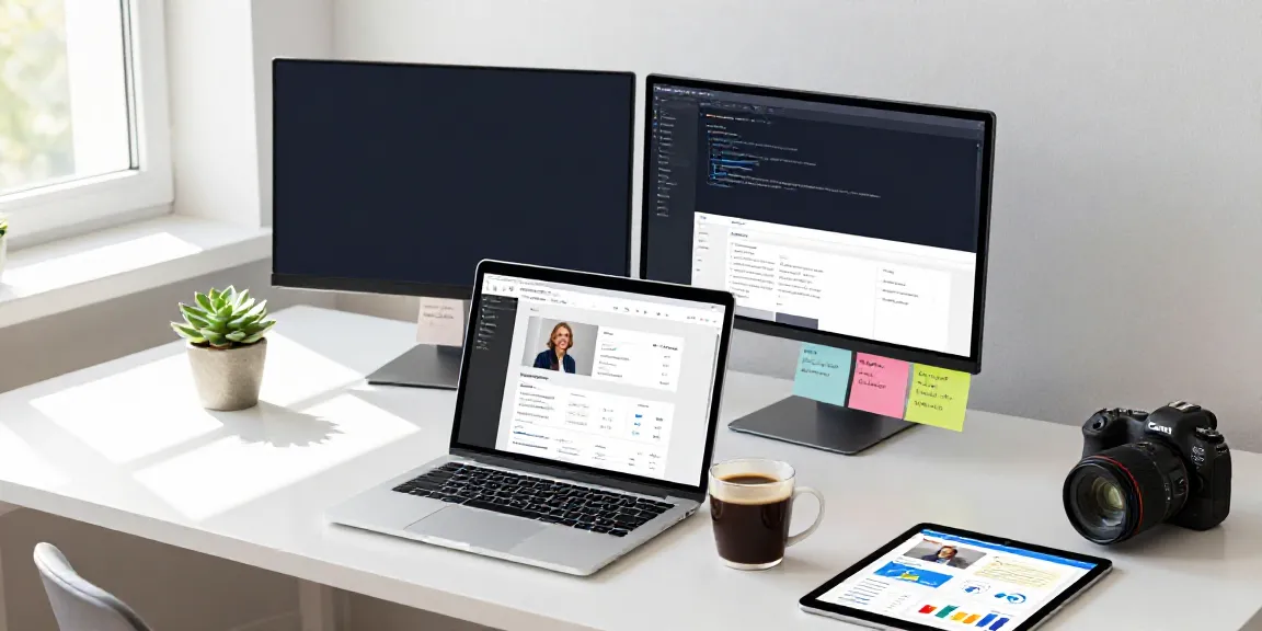 Domena website design in a modern workspace with dual monitors and coding software.