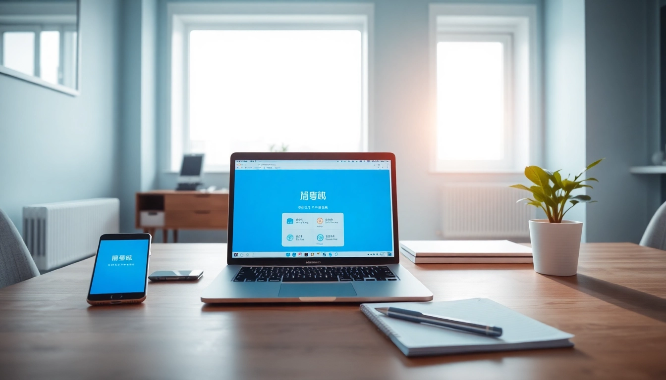 快连下载 app interface on a laptop in a modern workspace