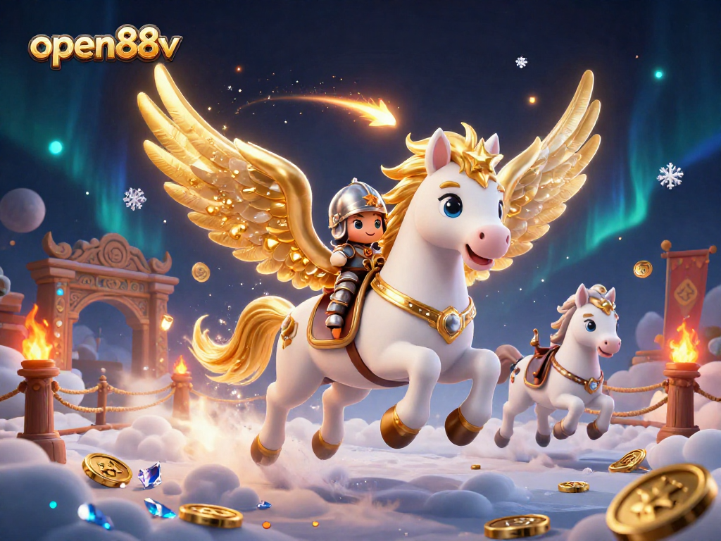 Spin to win with open88v, enjoy a vibrant casino scene featuring a celestial horse and knight!