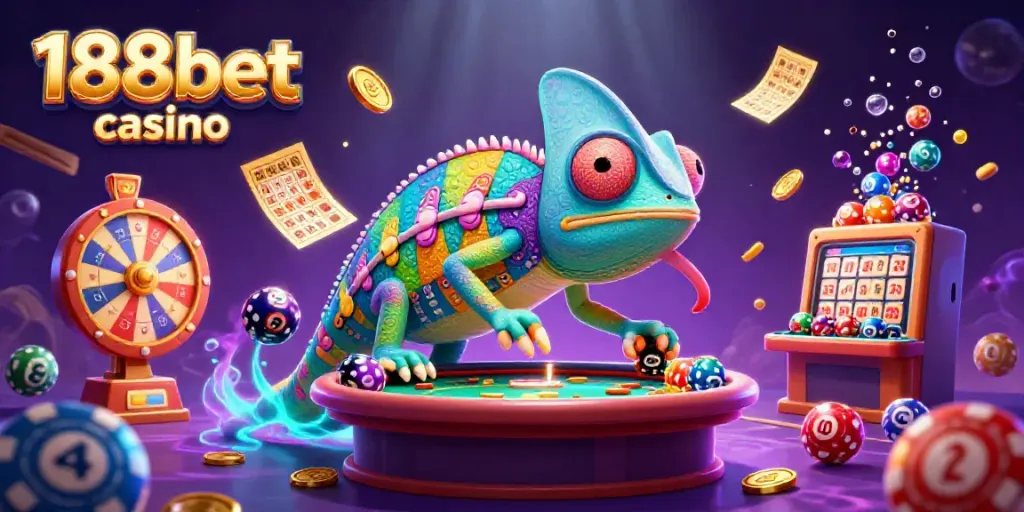 Engage with the vibrant 188bet casino scene featuring a color-shifting chameleon, dynamic game elements, and lively lottery balls.