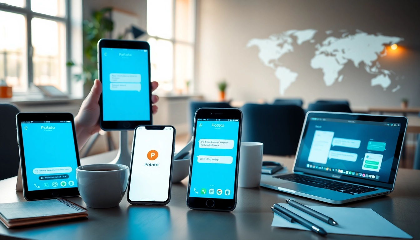 Potato secure messaging app interface showcased on various devices in a modern workspace, emphasizing privacy and connectivity.