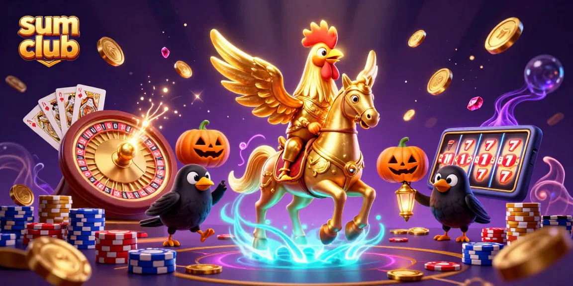 Experience winning adventures at sum club with an ultra-detailed casino scene featuring a golden rooster and vibrant gaming elements.