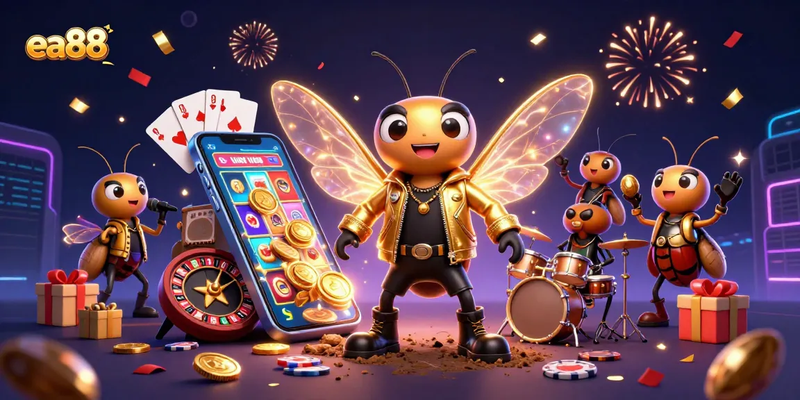 Experience the thrill of ea88 gaming with a vibrant 3D concert featuring a cicada rock star and casino elements.