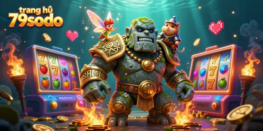 Spin and win at the trang chủ 79sodo casino with a magical scene of golems and arcade games.