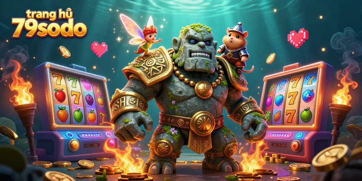 Spin and win at the trang chủ 79sodo casino with a magical scene of golems and arcade games.