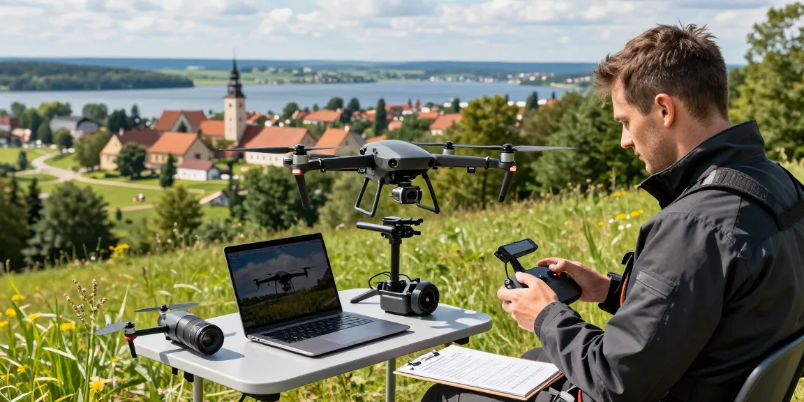 Usługi dron olsztyn - operator drona w pięknym krajobrazie, z laptopem i dronami.