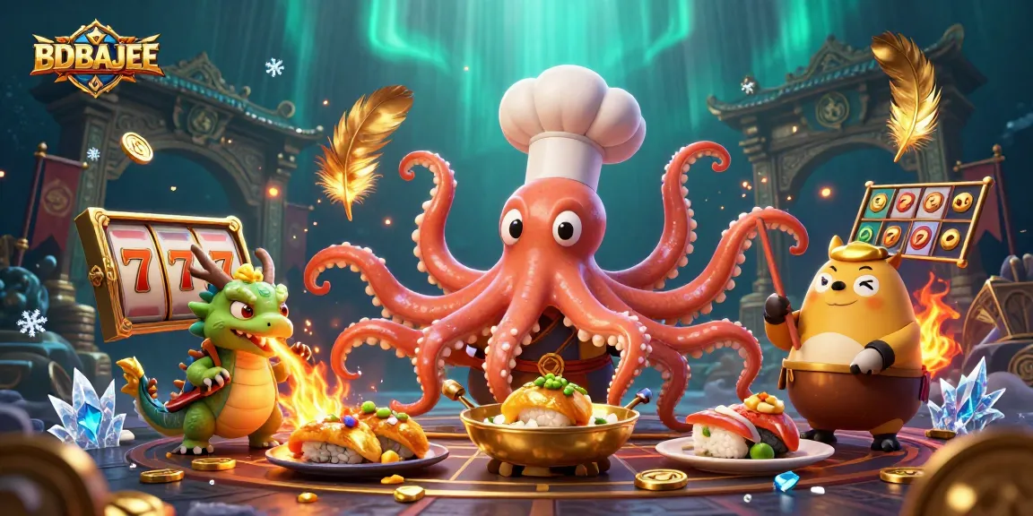 BDBAJEE slot adventure with cartoon octopus chef and dragon in a vibrant casino scene.