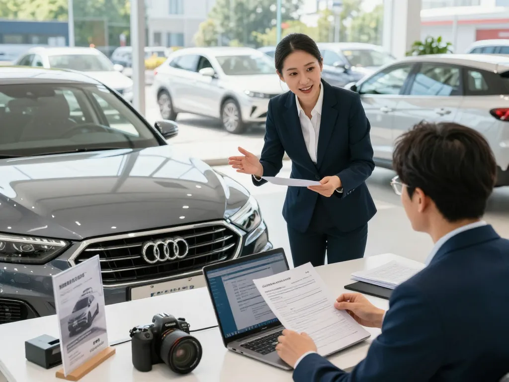 Usługi auto skupu przedstawione z przedstawicielem handlowym pomagającym klientowi w dynamicznym salonie samochodowym, podkreślając zaufanie i jakość.