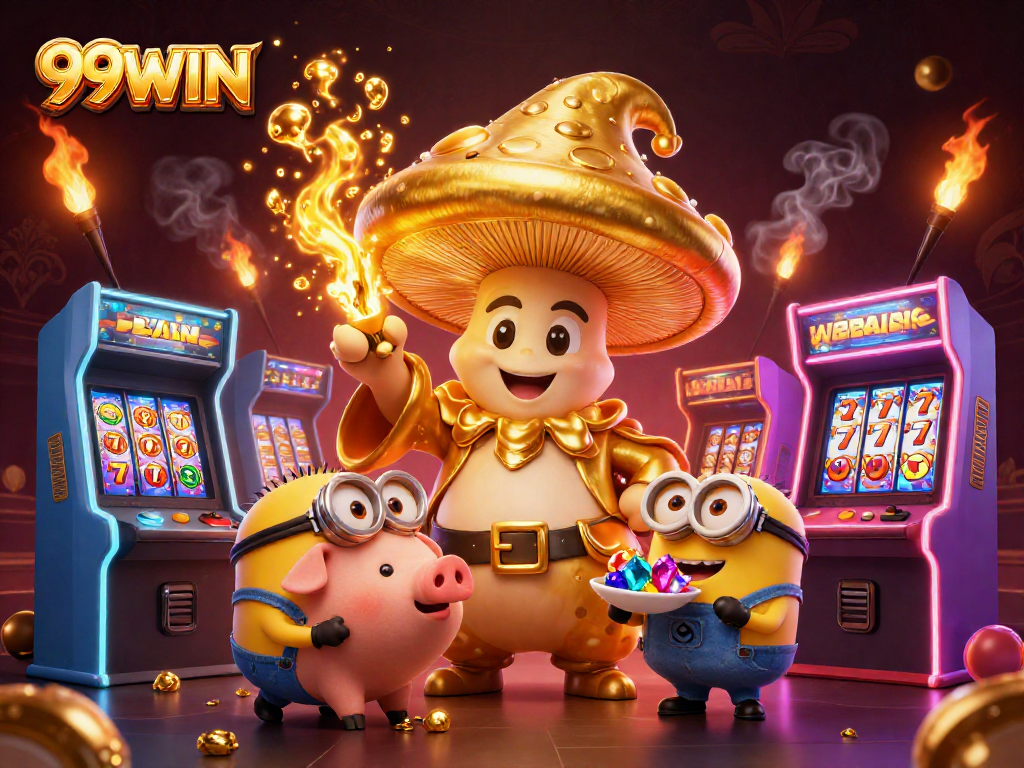 Experience the magic of 99WIN with a stunning 3D illustration showcasing a golden mushroom wizard and gaming elements.
