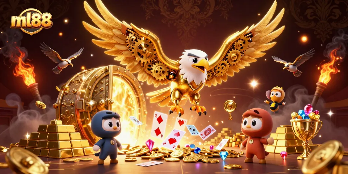Win big with ml88 as a cybernetic eagle dives through holographic cards, amidst piles of gold.