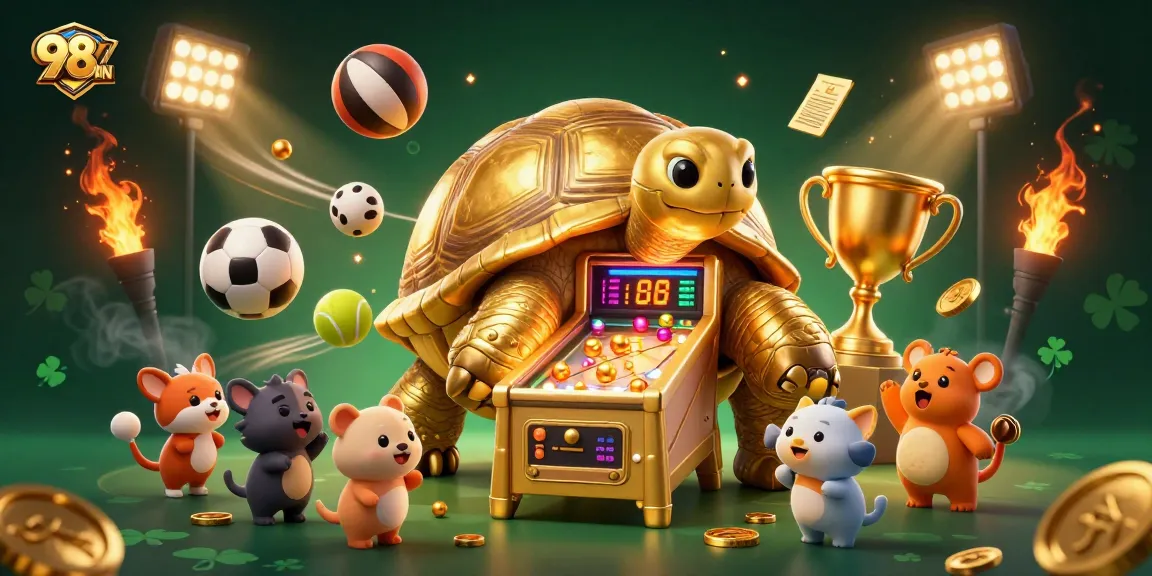 Experience gaming excitement with 98WIN's vibrant 3D illustration showcasing a golden tortoise pinball machine.