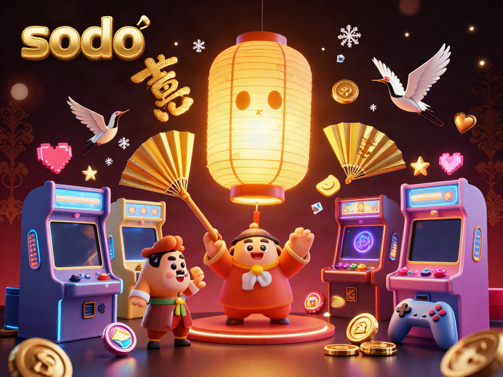Sodo players engaging in vibrant casino arcade games while enjoying a golden lantern spirit's glow.