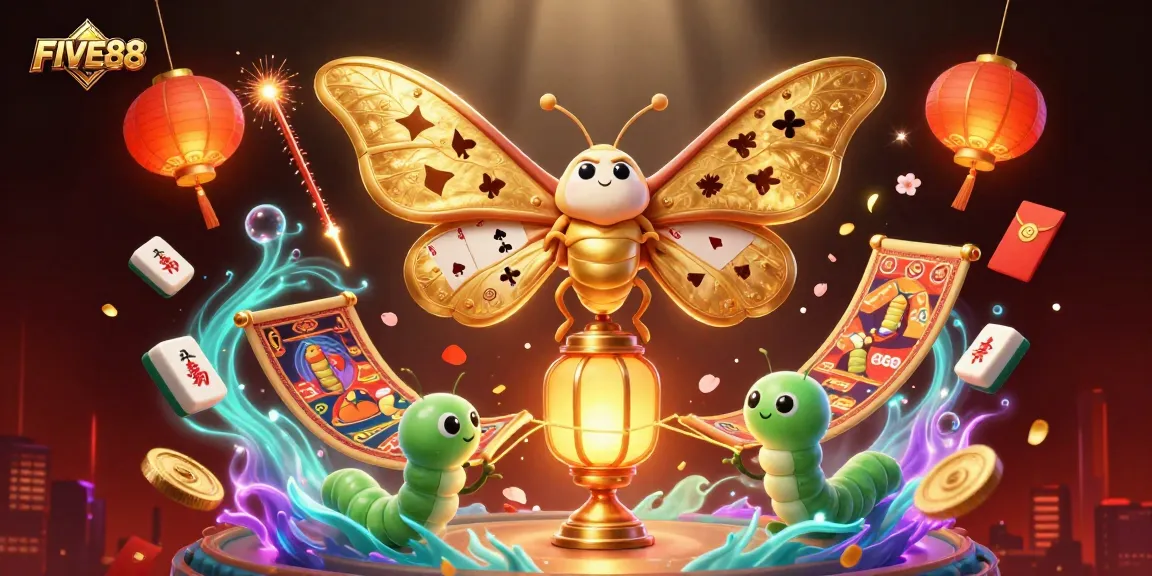 Experience the exciting world of FIVE88 with vibrant casino elements and a magical moth inspiring your gaming journey.