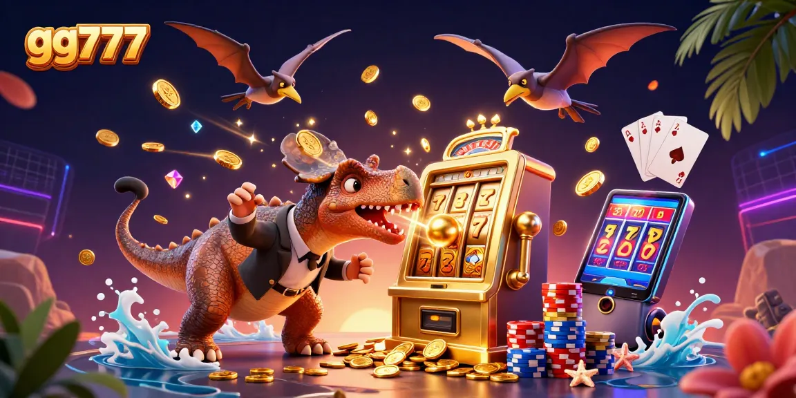 Experience thrilling gaming at gg777 with a dinosaur winning a jackpot while coins fly everywhere!