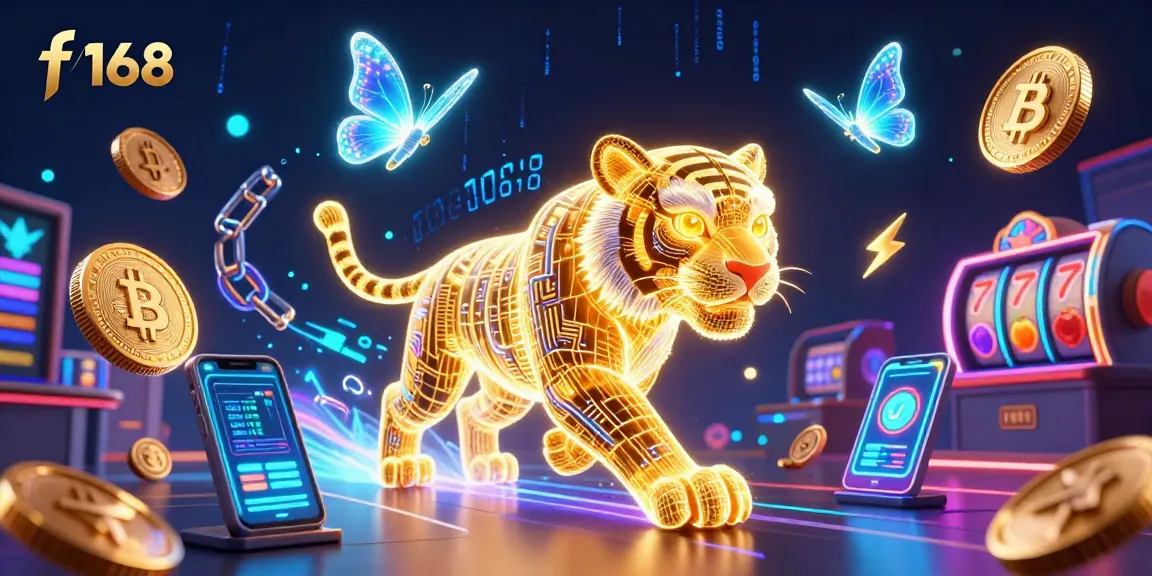 Engage with f168's vibrant digital casino atmosphere featuring a golden tiger and slot games.
