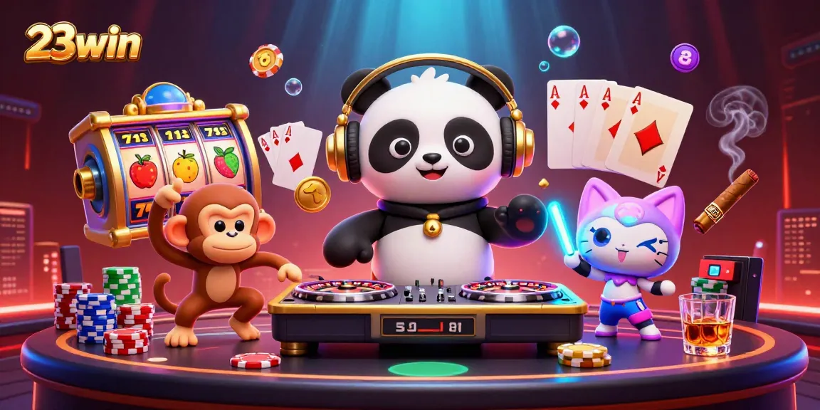 Experience the excitement of 23win with a vibrant casino scene featuring a DJ panda, dancing monkey, and a glowing kitten.
