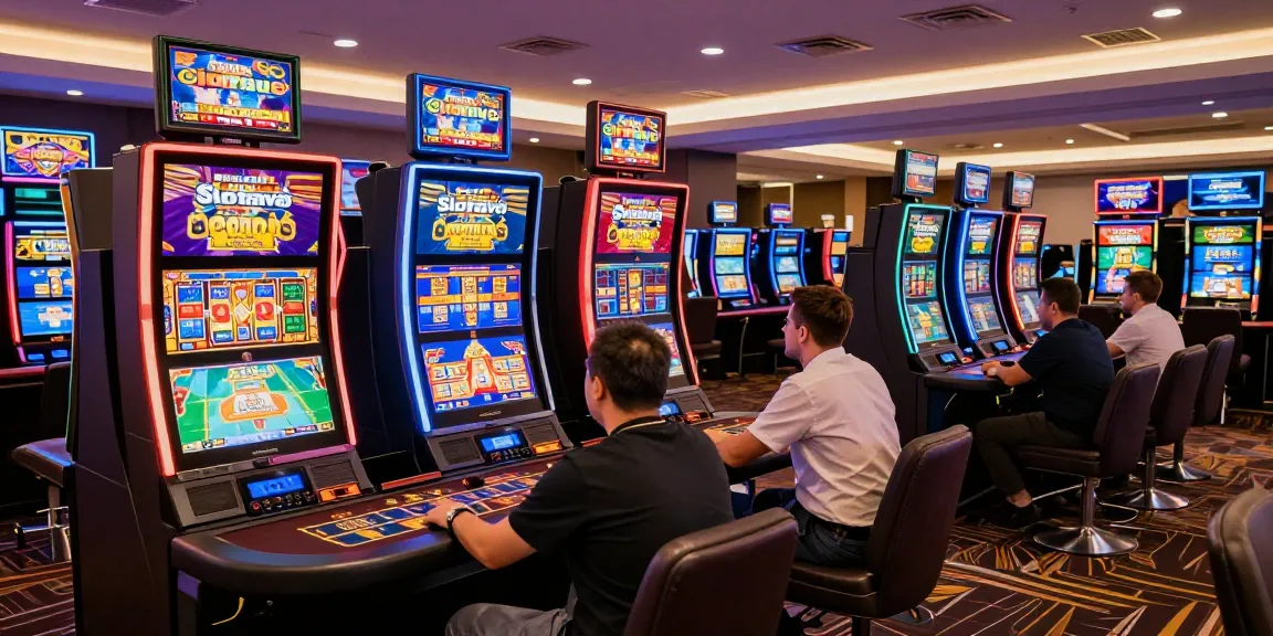 Slotrave online casino featuring vibrant gaming stations and engaging players in an exciting atmosphere.