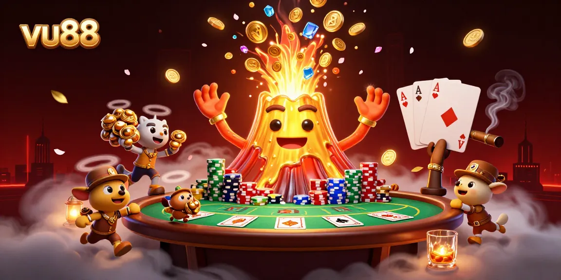Experience the excitement of vu88 with this enchanting 3D casino illustration featuring a triumphant volcano.