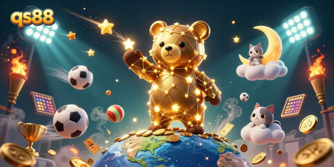 Engage with qs88's vibrant gambling scene featuring a constellation bear scooping coins among sports elements in a colorful illustration.