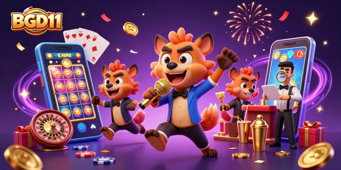 BGD11 hyena characters enjoy vibrant casino night with golden coins and colorful games.