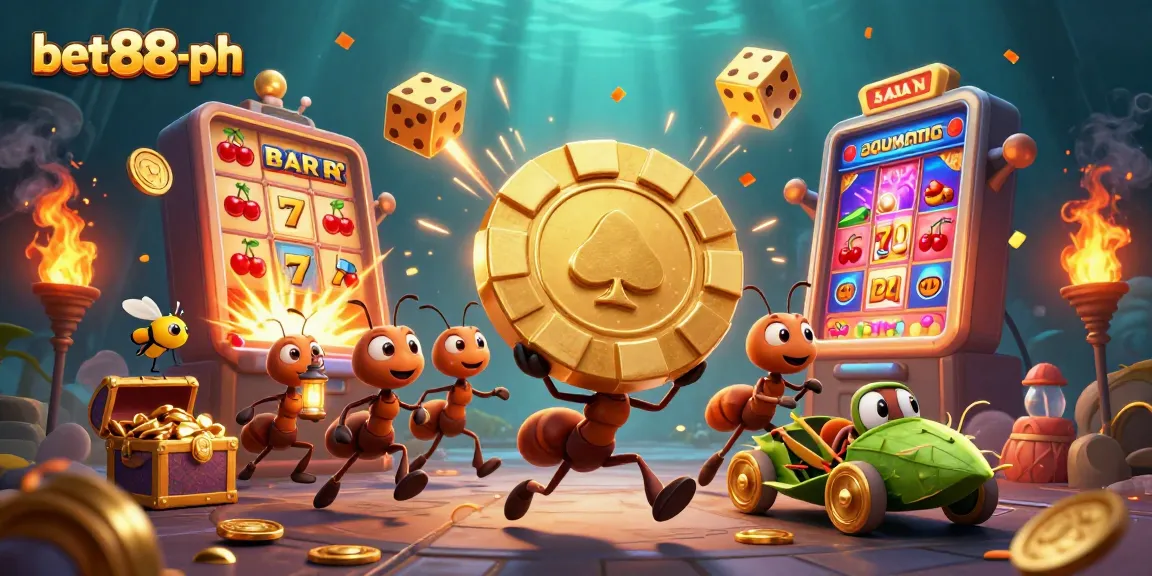Ants carrying a golden poker chip in a casino scene showcasing bet88-ph vibrant gaming action.