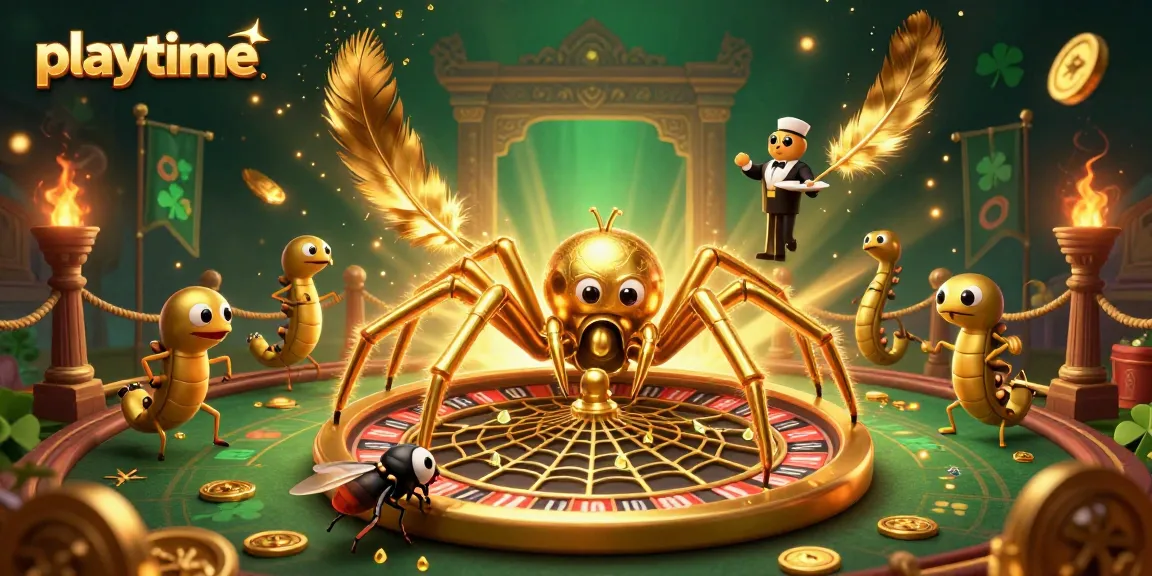 Experience thrilling playtime action with a golden spider and centipede croupier in a vibrant casino scene.