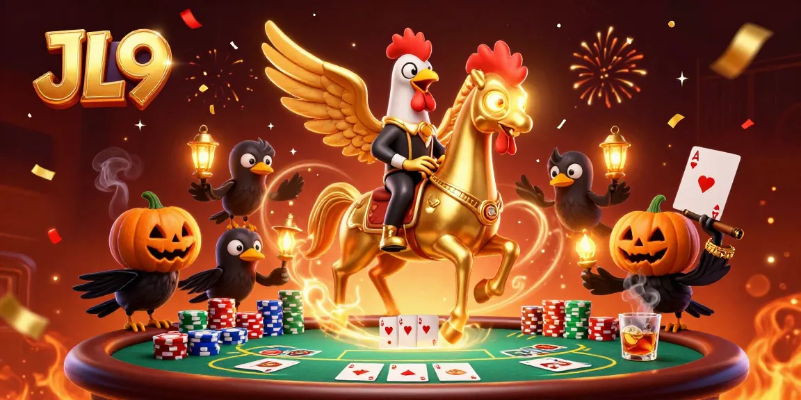 Experience the thrill of JL9 with a vibrant casino scene featuring a golden rooster and interactive poker elements.