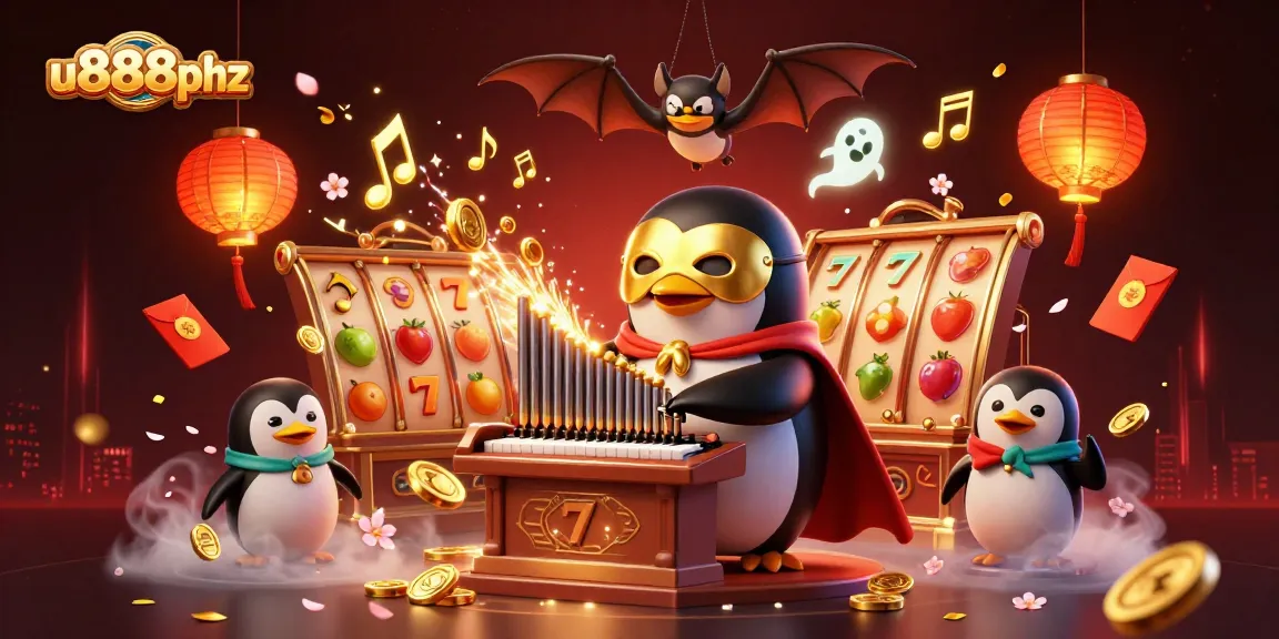 Join the excitement of U888phz with a dynamic 3D illustration featuring a penguin playing slots, showcasing casino thrills.