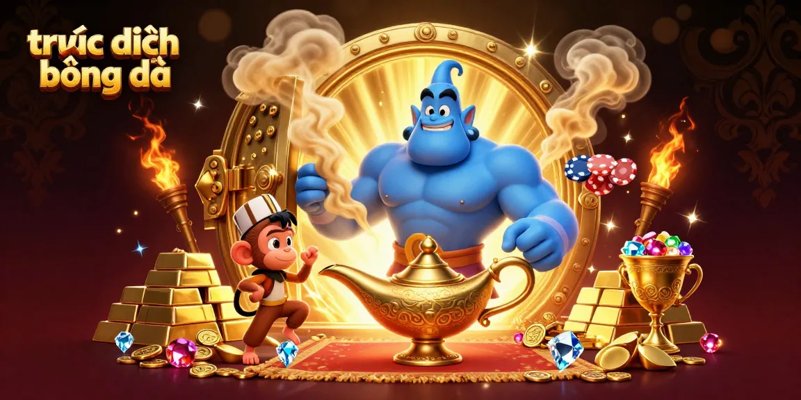Experience trực tiếp bóng đá excitement with a genie and treasures in a vibrant casino scene.