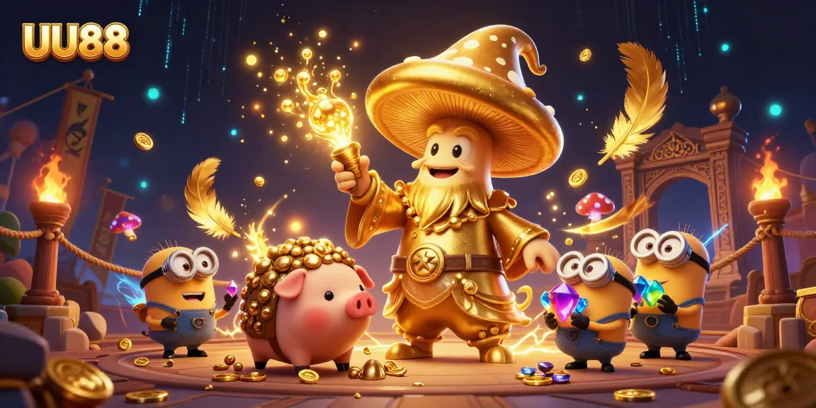 Spin and win with UU88, a vibrant 3D casino scene showcasing golden treasures and mystical elements.