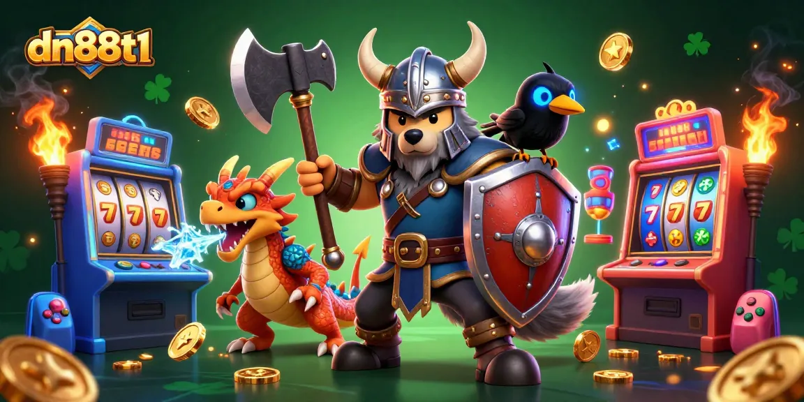 Engage with dn88t1's thrilling slot games, showcased by dynamic characters and vibrant gaming elements.