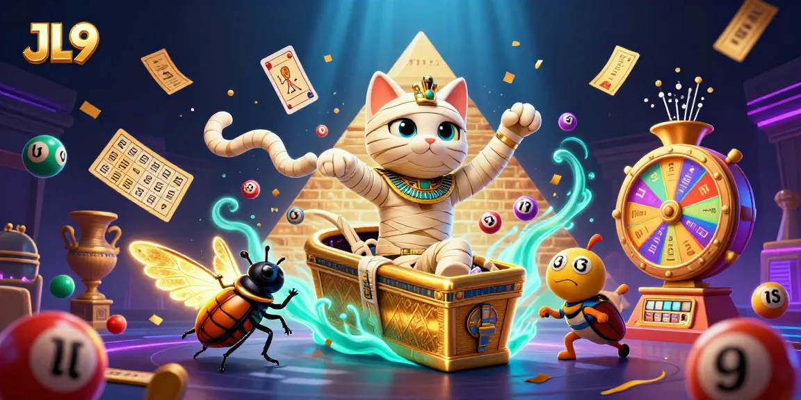 Experience the excitement of JL9 in a vibrant casino scene featuring a mummy cat and golden elements.