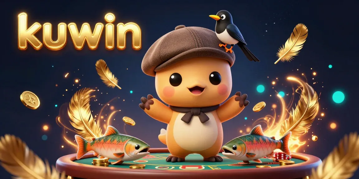 Kuwin showcases a vibrant online casino scene with cartoon Nessie, a playful magpie, and salmon, celebrating gaming excitement.