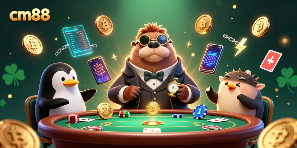Experience exciting poker action with cm88 at an underwater table featuring a jolly walrus, dealer penguin, and bluffing pufferfish.