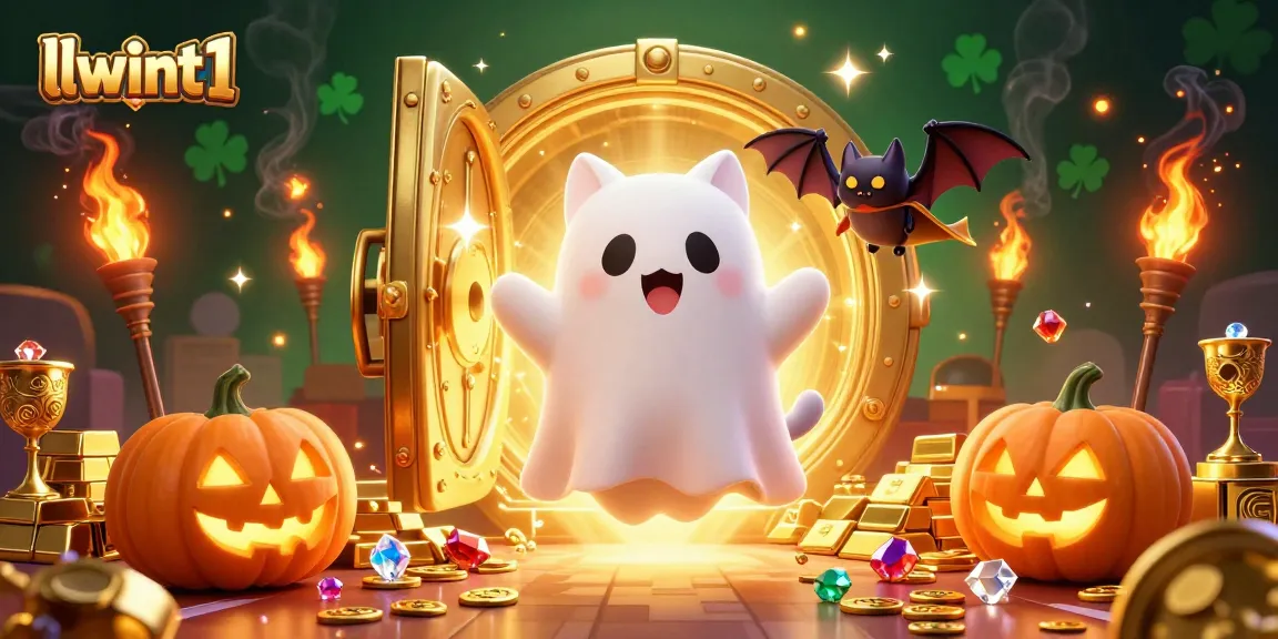 Experience thrilling gameplay with llwint1's ghost cat in a vibrant casino surrounded by glowing treasures.