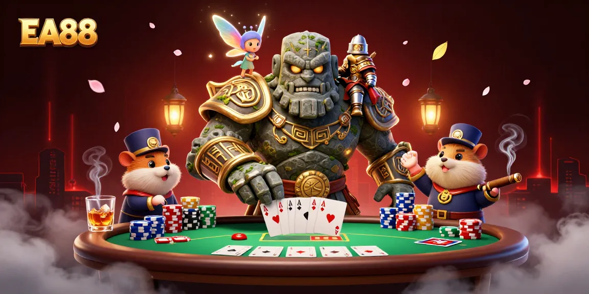 Experience thrilling poker action with EA88 as a stone golem guardian, a fairy, and a hamster knight elevate the game.