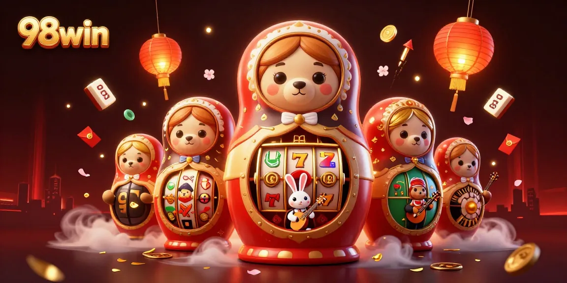 Experience thrilling slots with 98win showcasing vibrant games and colorful characters in an enchanting casino scene.